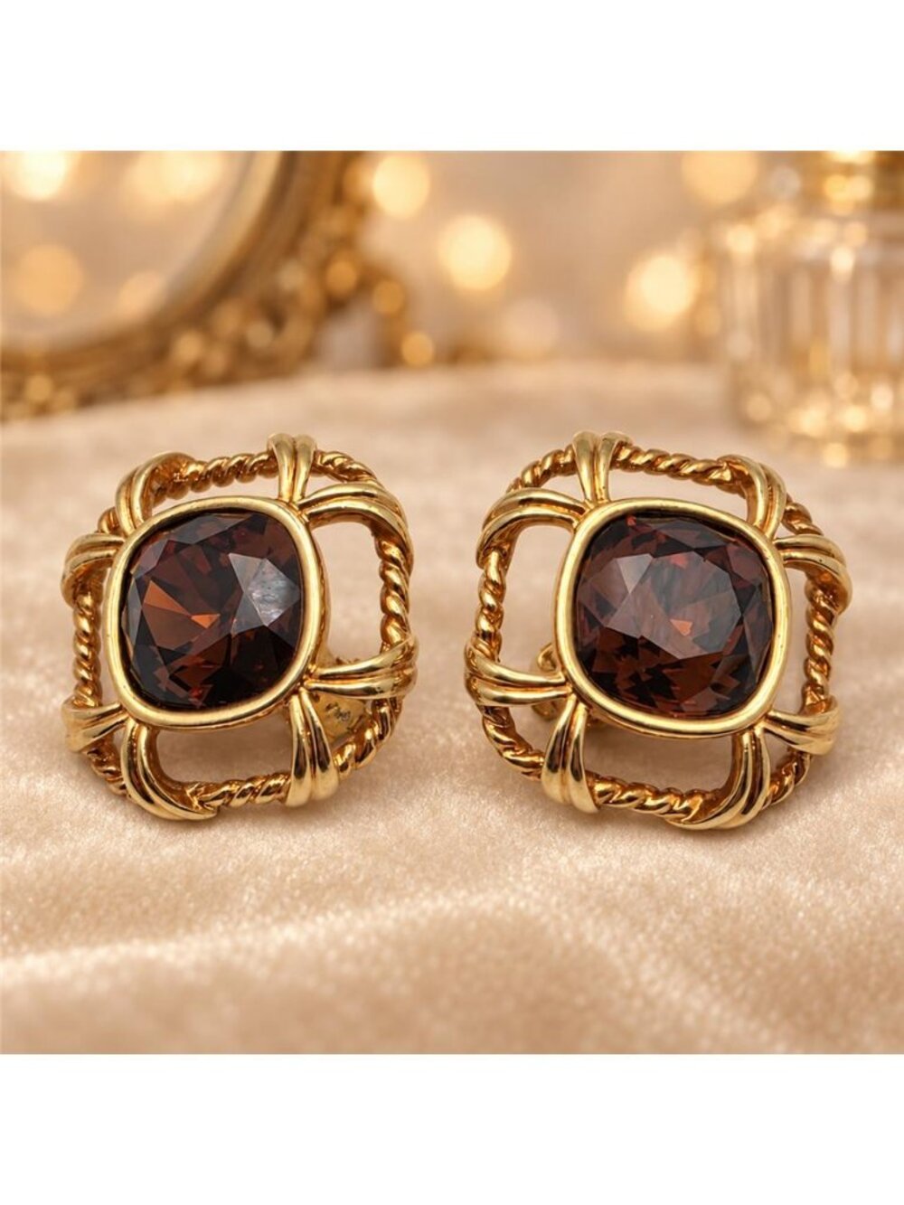 Swarovski Amber Brown Crystal Rope Frame Clip On Earrings 25.5mm Vintage